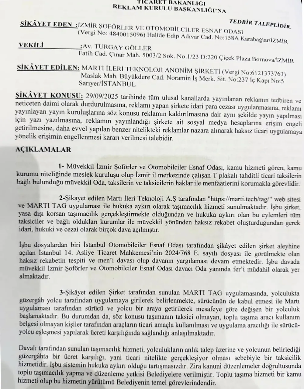 İzmir Şoförler ve Otomobilciler Esnaf Odası, Ticaret Bakanlığı'na reklamların yasaklanması için başvurdu